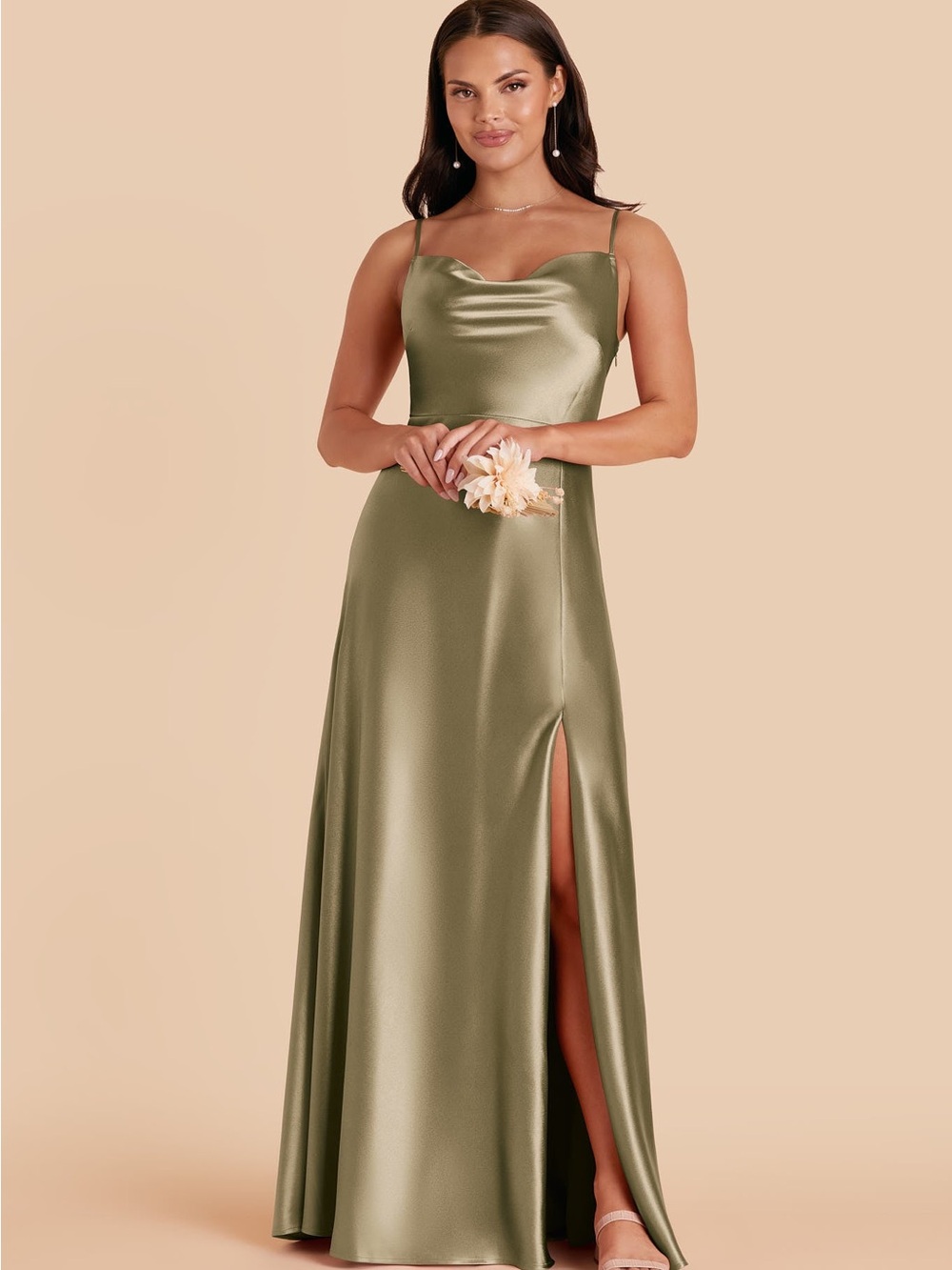 Birdy Grey Moss Green Satin Maxi Dress with Side Slit